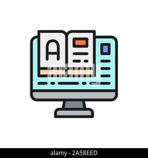 Online education, monitor with e-book flat color line icon. Stock Vector