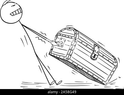 Vector cartoon stick figure drawing conceptual illustration of man or businessman pulling big and heavy wooden treasure chest. Concept of success. Stock Vector