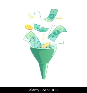 Flat sales funnel for financial design. Green money into cone funnel banner. Online business vector illustration. Technology, Internet marketing conversion concept. Profit, income isolated template. Stock Vector
