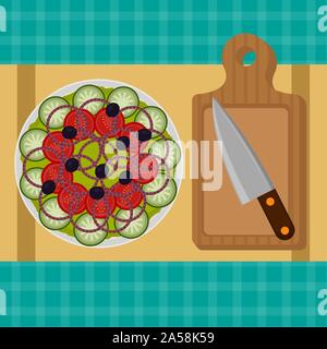 Salad with a knife on a cutting board. Food preparation - Vector illustration Stock Vector