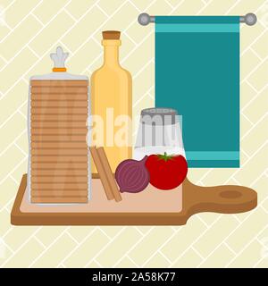 Halved bread with vegetable , oil, salt over a cutting board. Food preparation - Vector illustration Stock Vector