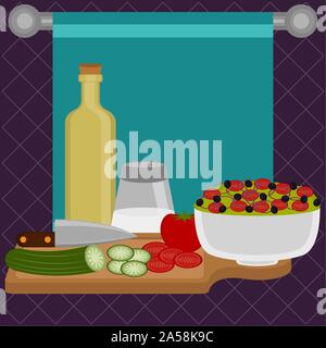 Vegetables cut on a cuttien board with a saldad in a bowl. Food preparation - Vector illustration Stock Vector
