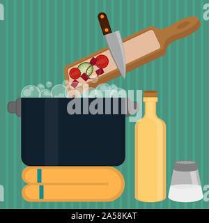 Vegetables soup preparation. Food preparation - Vector illustration Stock Vector