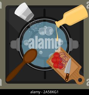 Vegetables soup preparation. Food preparation - Vector illustration Stock Vector
