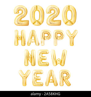 Happy New Year 2020 words made of golden inflatable balloons isolated on white background Stock Photo
