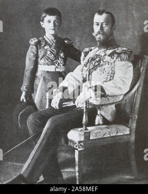 His Majesty Russian Emperor Nicholas II with heir to the throne Cesarevitch Aleksei Nikolayevich. 1913. Stock Photo