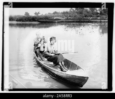 Antique 1890s Photo Black and White Photograph US Flag Nautical Scene Men and Woman in shops Canoe Clothing Hats