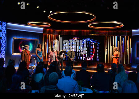 (left to right) Finalists Tim Wilson, Georgina Elliott, Paddy Smyth, Woody Cook, James Doran and host Emma Willis during the final of the second series of Channel 4's The Circle in Salford, Manchester. PA Photo. Picture date: Friday October 18, 2019. See PA story SHOWBIZ Circle. Photo credit should read: Peter Powell/PA Wire Stock Photo