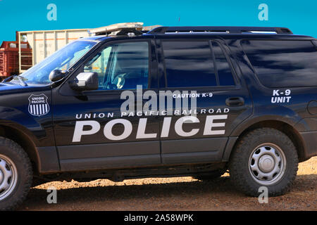 Union Pacific Railroad Police K-9 vehicle at the Tucson Freight depot in Arizona Stock Photo