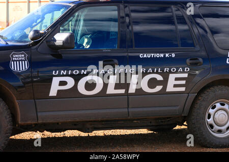 Union Pacific Railroad Police K-9 vehicle at the Tucson Freight depot in Arizona Stock Photo