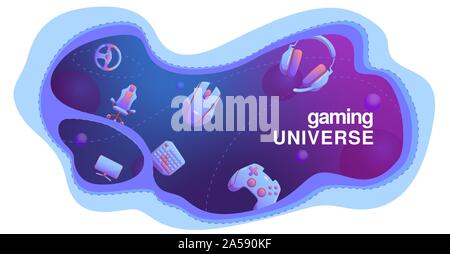 Wavy template with flat Gaming gadgets on modern blue and violet background like gaming universe, on isolated background, for web, market and cards. gamepad, headphones, vr, mouse, cup, keyboard elements. for electronics technology banner, poster, cover. Stock Vector