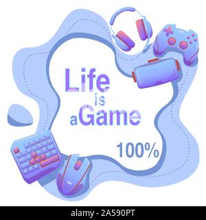 Life is a Game - wavy blue modern template with flat Gaming gadgets on white background, esports elements, on isolated background for web, market and cards. gamepad, headphones, vr, mouse, cup, keyboard elements. Stock Vector