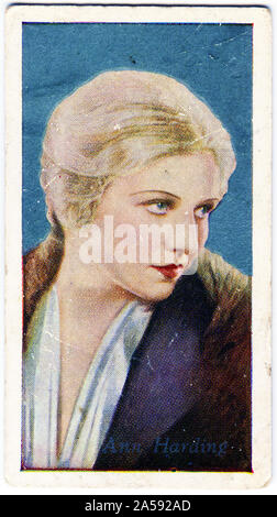 Cigarette card portrait of Ann Harding (1902 – 1981)  American theatre, motion picture, radio, and television actress. Harding was one of the first actresses to gain fame in the new medium of talking pictures, and she was nominated for the Academy Award for Best Actress in 1931 for her work in Holiday. Stock Photo