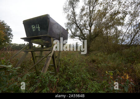 18 October 2019, Rhineland-Palatinate, Kümbdchen: A high seat stands on a clearing at the edge of a forest. Hunters in Rhineland-Palatinate occasionally complain about deliberate damage to high seats. These range from simple vandalism, i.e. graffiti, dirt, slight damage, to serious damage such as sawing up ladders and supports and complete destruction by demolition or arson. Photo: Thomas Frey/dpa Stock Photo