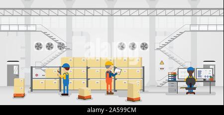 Warehouse in process with workers working flat design vector illustration Stock Vector