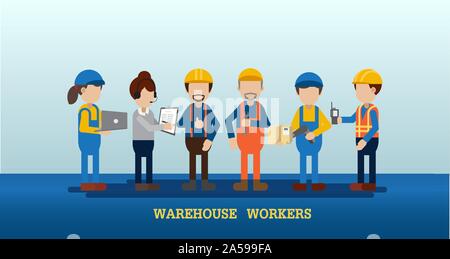 Set of warehouse workers in a row vector illustration Stock Vector