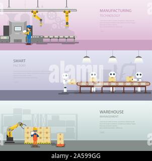 Set of warehoue banners with worker in process vector illustration Stock Vector