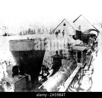 California History - Winter view at Central Pacific Railroad Depot, Cisco, Placer County ca. 1866 Stock Photo