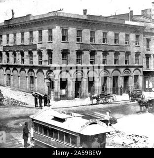 California History - Wells, Fargo and Company's Ex. Office, San Francisco, corner Montgomery and California Streets ca. 1866 Stock Photo