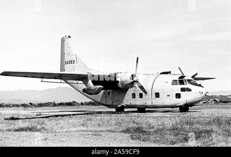 1971 - A right front view of a parked UC-123K Provider aircraft of the 315th Tactical Airlift Wing.  The aircraft, being inactivated, is named 'Patches' for the more than 1,000 hit-hole patches that it received during the Vietnam conflict. Stock Photo