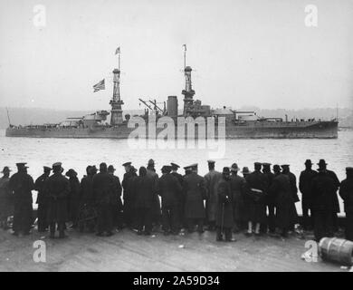 Watching the U.S.S. Arizona in great naval review in New York City. Stock Photo