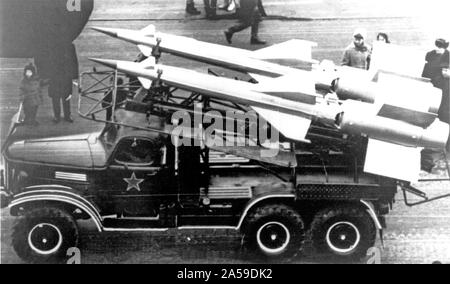 1977 - A left side view of two vehicle-mounted Soviet SA-3 Goa surface-to-air missiles. Stock Photo
