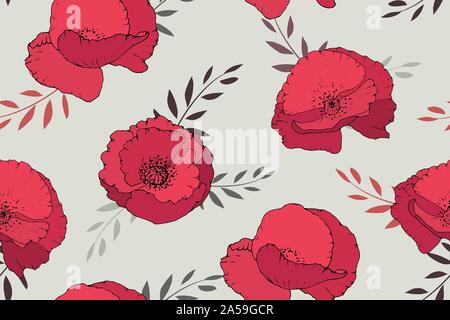Art floral vector seamless pattern. Red poppies.  Stock Vector