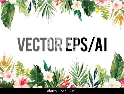 The horizontal white blank paper background with colorful plants and flowers border Stock Vector
