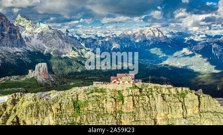 Mountain shelter nuvolau near Passo Giau, Dolomites, aerial view Stock Photo