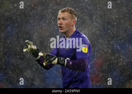 Cardiff, UK. 18th Oct, 2019. Cameron Dawson, the goalkeeper of Sheffield Wednesday looks on. EFL Skybet championship match, Cardiff City v Sheffield Wednesday at the Cardiff City Stadium on Friday 18th October 2019. this image may only be used for Editorial purposes. Editorial use only, license required for commercial use. No use in betting, games or a single club/league/player publications. pic by Andrew Orchard/Andrew Orchard sports photography/Alamy Live news Credit: Andrew Orchard sports photography/Alamy Live News Stock Photo