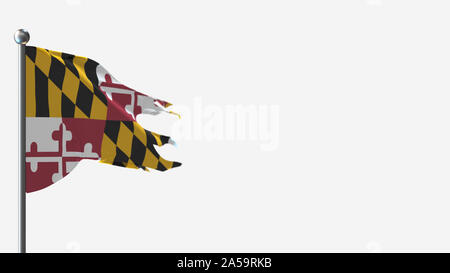 Maryland 3D tattered waving flag illustration on Flagpole. Isolated on ...