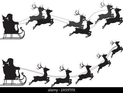 Silhouette of Santa Claus riding in a sleigh with rabbits. Vector on ...