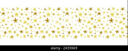 Linocut Gold and Yellow Stars on White Background Vector Seamless Horizontal Border Pattern. Christmas Hand Printed Background. Starry Winter Holiday Stock Vector