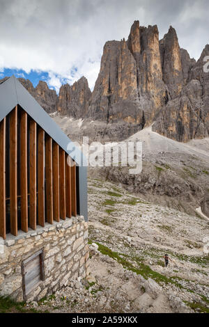 The Pradidali alpine bivouac in The Pale di San Martino mountain group. Cima Canali peak. The Dolomites of Trentino. Italian Alps. Europe. Stock Photo