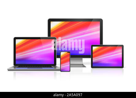 Computers and phone set mockup isolated on white background with colorful screens. 3D render Stock Photo