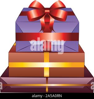 Three wrapped presents, gift boxes colorful stack tower. Stock Vector