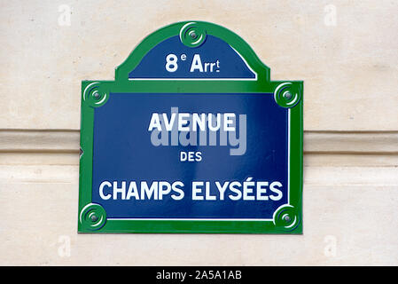 PARIS - MAY 07: Street sign of the rue Champs-Élysées in the 8th arrondissement of Paris on May 07. 2017 in France Stock Photo