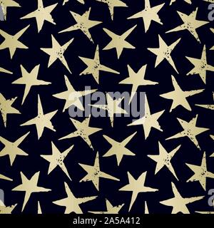 Festive Linocut Gold Stars on Dark Blue Background Vector Seamless Pattern. Christmas Hand Printed Background. Starry Winter Holiday Print. Stock Vector