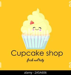 Logo or signboard design. Shop of muffins and cupcakes. Yellow background. Cake with eyes and a smile. Stock Vector