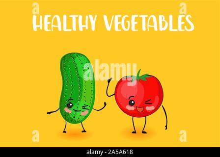 CUTE VEGETABLES. Tomato and cucumber. CHARACTER WITH SMILE.. Stock Vector
