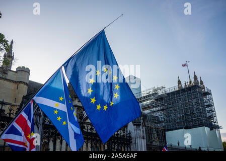 Members of Parliament are sitting on a weekend for the first time since April 1982 to debate and vote on Prime Minister Boris Johnson's Brexit deal. Protesters gathered outside. European flags. EU flags Stock Photo