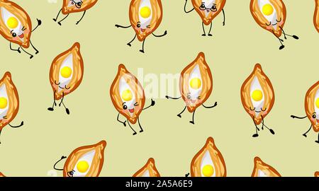 Seamless pattern. Georgian cuisine. National food of Armenia. Khachapuri. Open bread with egg and mozzarella. Stock Vector