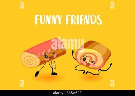 Bakery characters. Food made from flour. Sponge cake. Tasty breakfast. Cake with icing.. Stock Vector