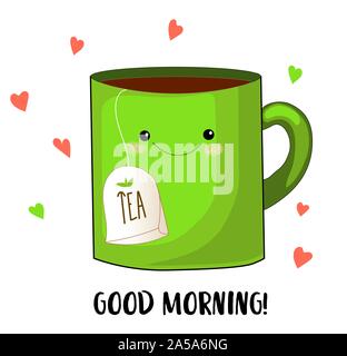 Morning greeting. Cute character. Cup with a tea bag. Good morning. Stock Vector