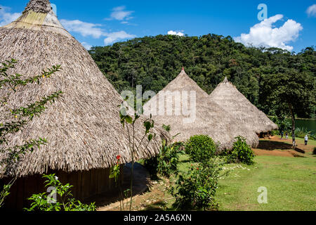 Thatched huts,  Native indian homes at the Embera Indian village. Embera Drua, Chagres River, Panama Stock Photo