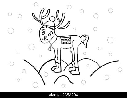 Coloring book for children. New Year theme. Reindeer is cute. Linear black and white drawing.. Stock Vector