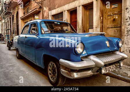 Street Scene with Blue Vintage Classic American Car, Havana, Cuba