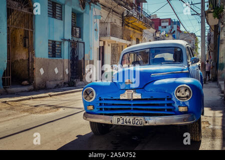 Street Scene with Blue Vintage Classic American Car, Havana, Cuba