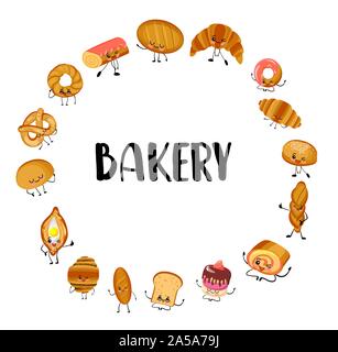 Set of funny bread, bakery characters with human faces, cartoon vector illustration isolated on a white background. Smiling white, rye and whole wheat Stock Vector