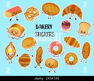 Set of funny bread, bakery characters with human faces stickers, smiling white, rye and whole grain bread, loaf, baguette, croissant, buns. Stock Vector